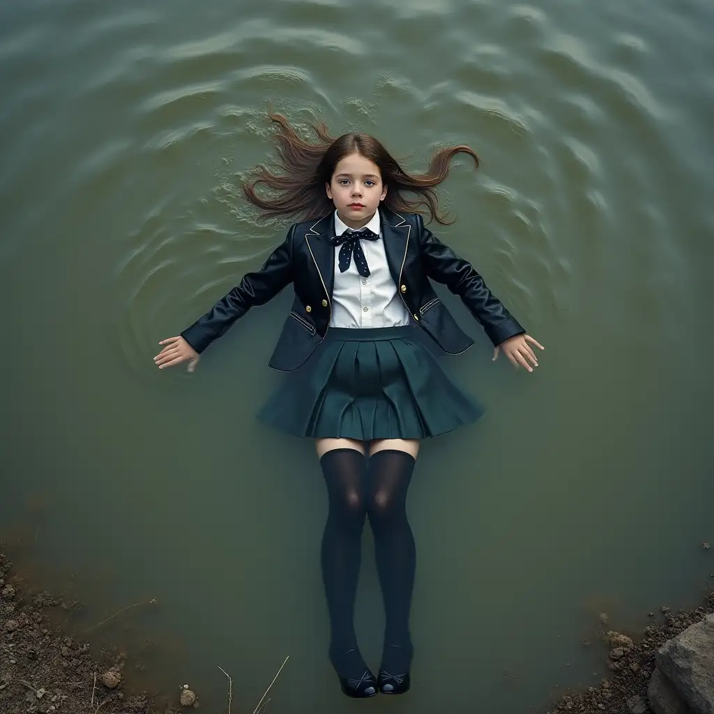 A young schoolgirl in a school uniform, in a skirt, jacket, blouse, dark tights, high-heeled shoes. She is swimming in a dirty pond, lying underwater, all her clothes are completely wet, wet clothes stick to her body, the whole body is underwater, submerged in water, under the surface of the water, below the water's edge.