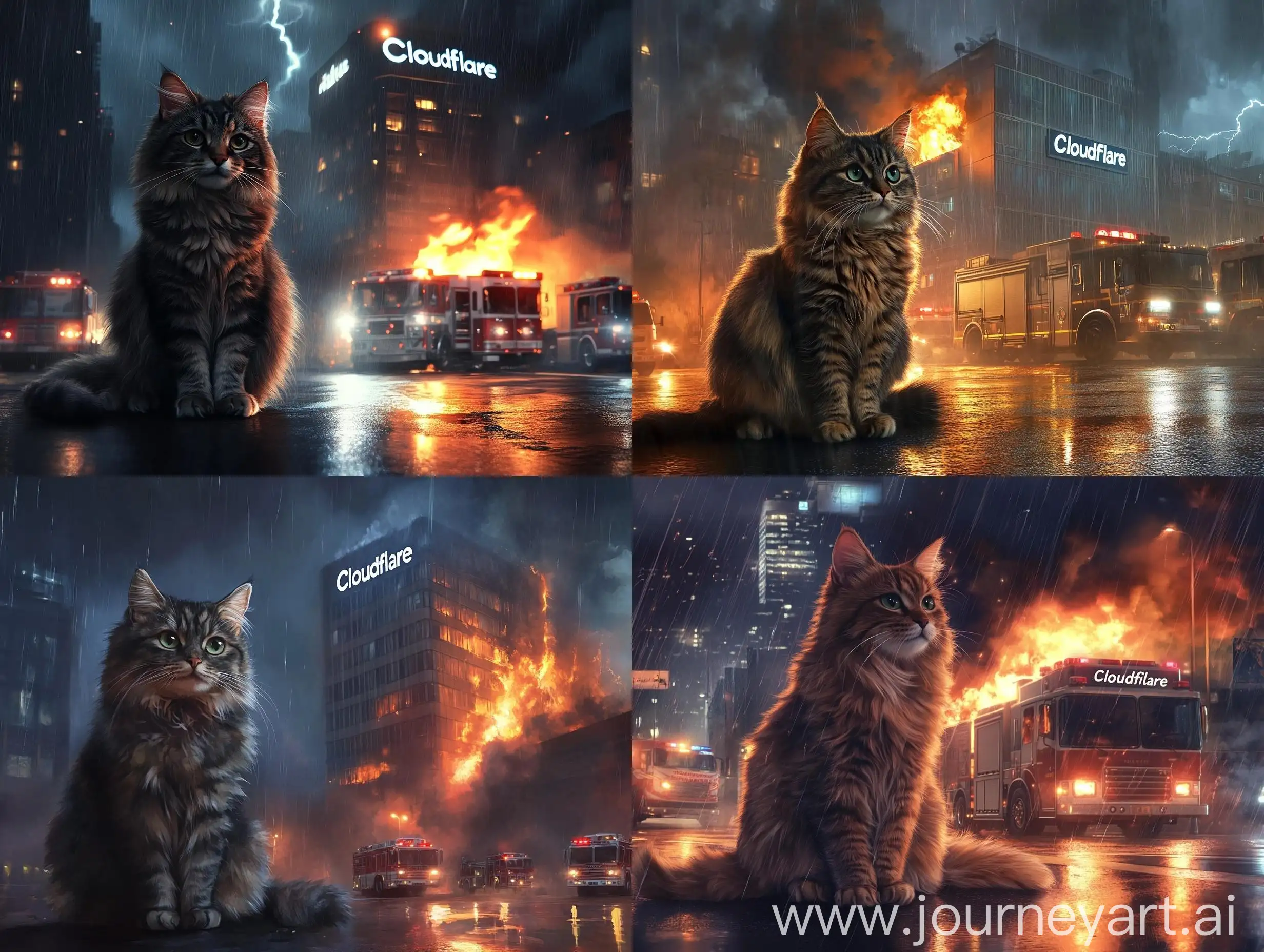 Siberian-Cat-in-Urban-Night-Rainstorm-with-Cloudflare-Building-Fire