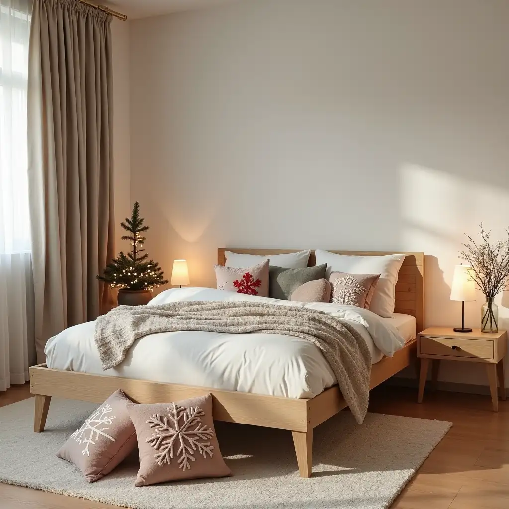 A cozy and modern bedroom with light oak furniture. The bed features a light wood platform (canapé) with simple, neutral bedding. On the bed, there are a few decorative cushions with subtle Christmas motifs like snowflakes or soft patterns in red, green and white colors, adding a festive touch without being overwhelming. The nightstands and dresser are minimalistic, with no legs, placed directly on the floor, similar to the ones shown in the reference image. The room exudes a warm and inviting atmosphere, with soft lighting to create a relaxing, cozy ambiance. No Christmas trees or overly festive decorations are present—only small touches on the bed, keeping the focus on comfort and style