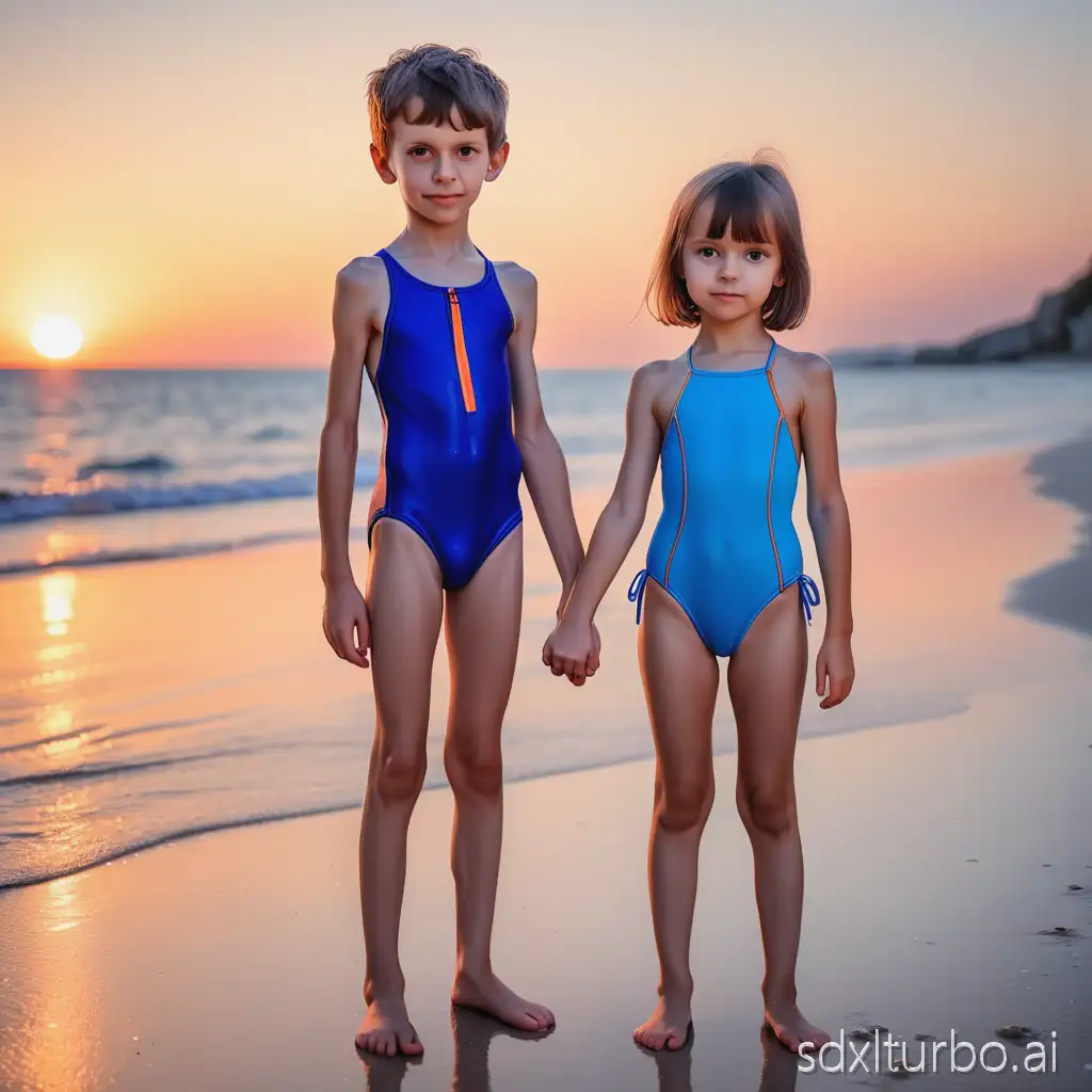 little skinny girl wearing a blue swimsuit and a boy at the beach at sunset