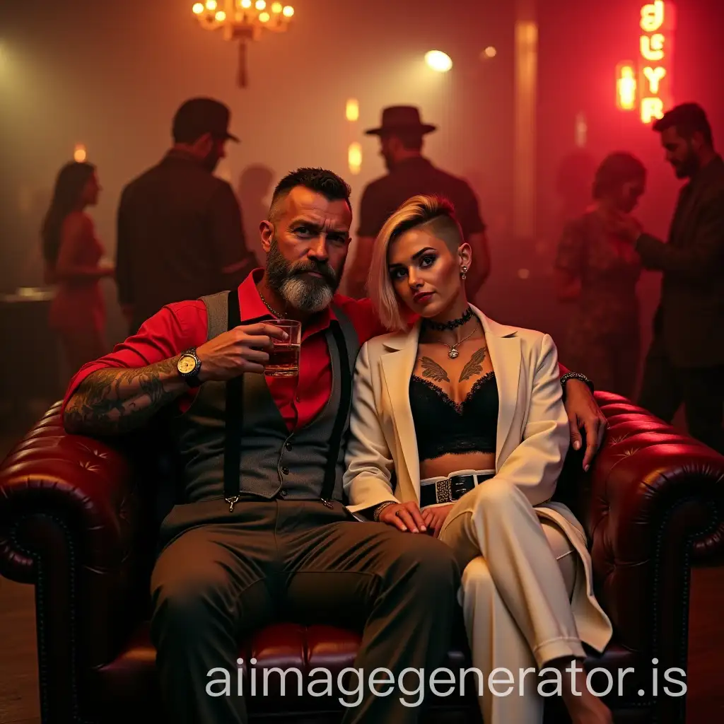 Couple-in-Smokey-Vintage-Bar-with-Red-and-Yellow-Lights-Muscular-Man-and-Tattooed-Woman