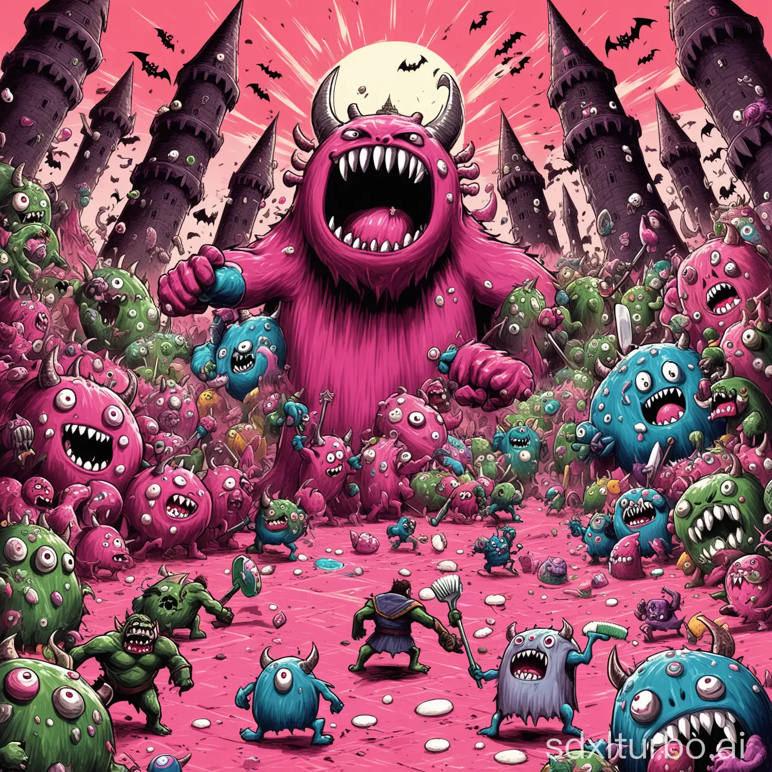 On bright pink ground (gums) stand towering teeth, surrounded by glowing shields (enamel). To the towers approach small, evil creatures (bacteria and sugar monsters). Some shields have small cracks. A battle scene in a cartoon or game style. ⦁ Clarification: /img ...Toothbrush in the form of a huge, kind warrior, fighting with small monsters in the foreground. ...