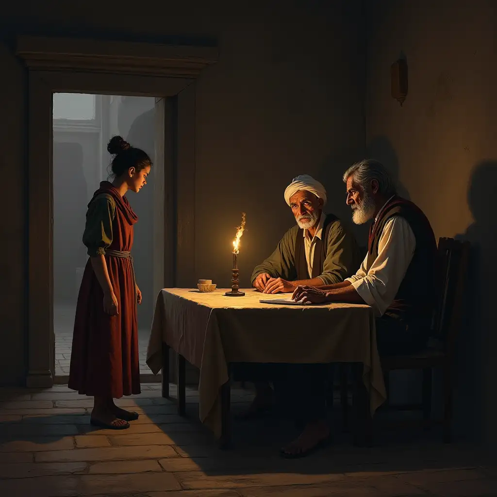 An old, stern-faced merchant sits at the family’s simple table, speaking to Lila’s father, who appears troubled and hesitant. Lila stands near the doorway, listening in shock. : A candle flickers on the table, casting shadows that reflect the ominous tone of the proposal.