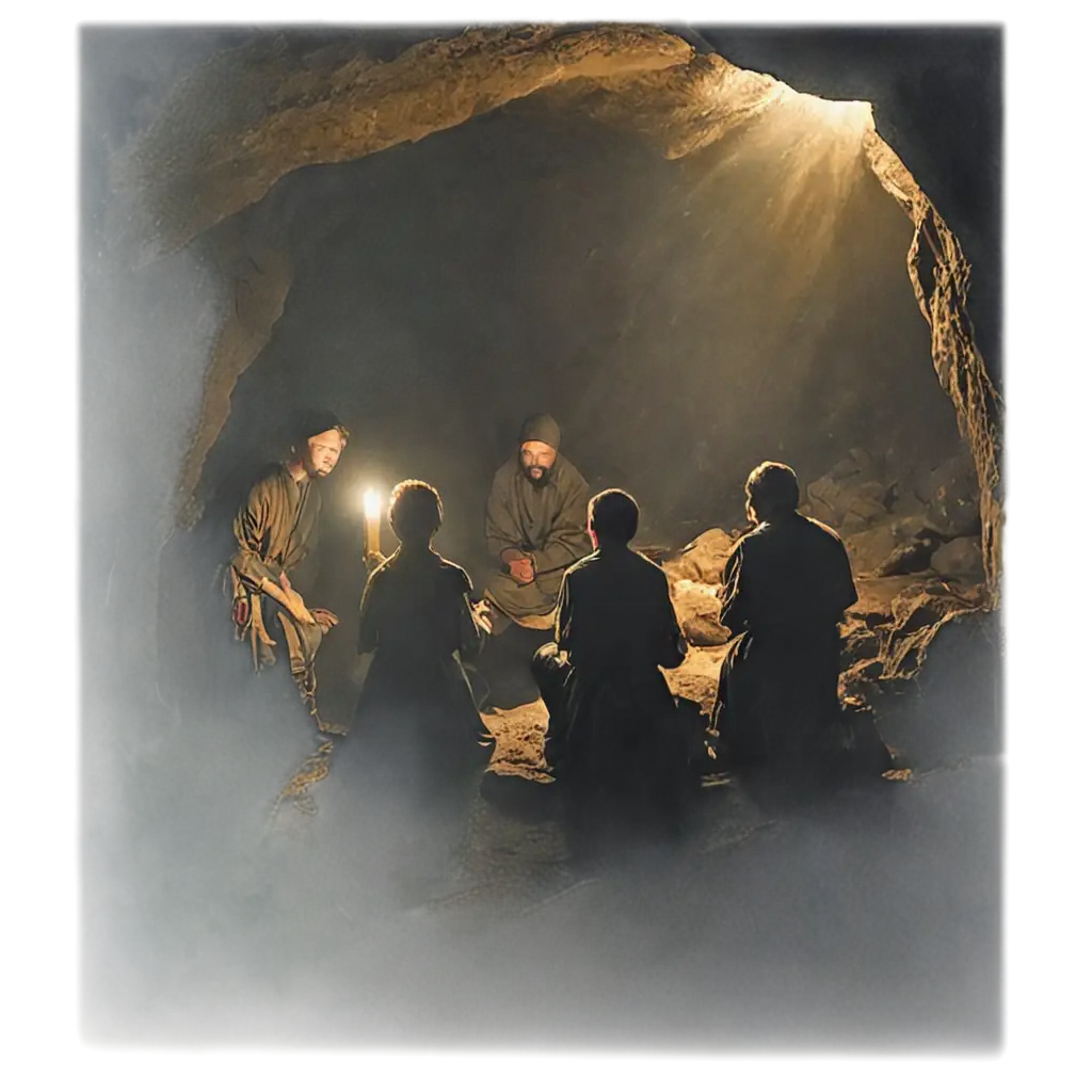 12th-Century-Peasants-Kneeling-in-Cave-PNG-Image-of-Prayer-Scene-with-Dramatic-Light