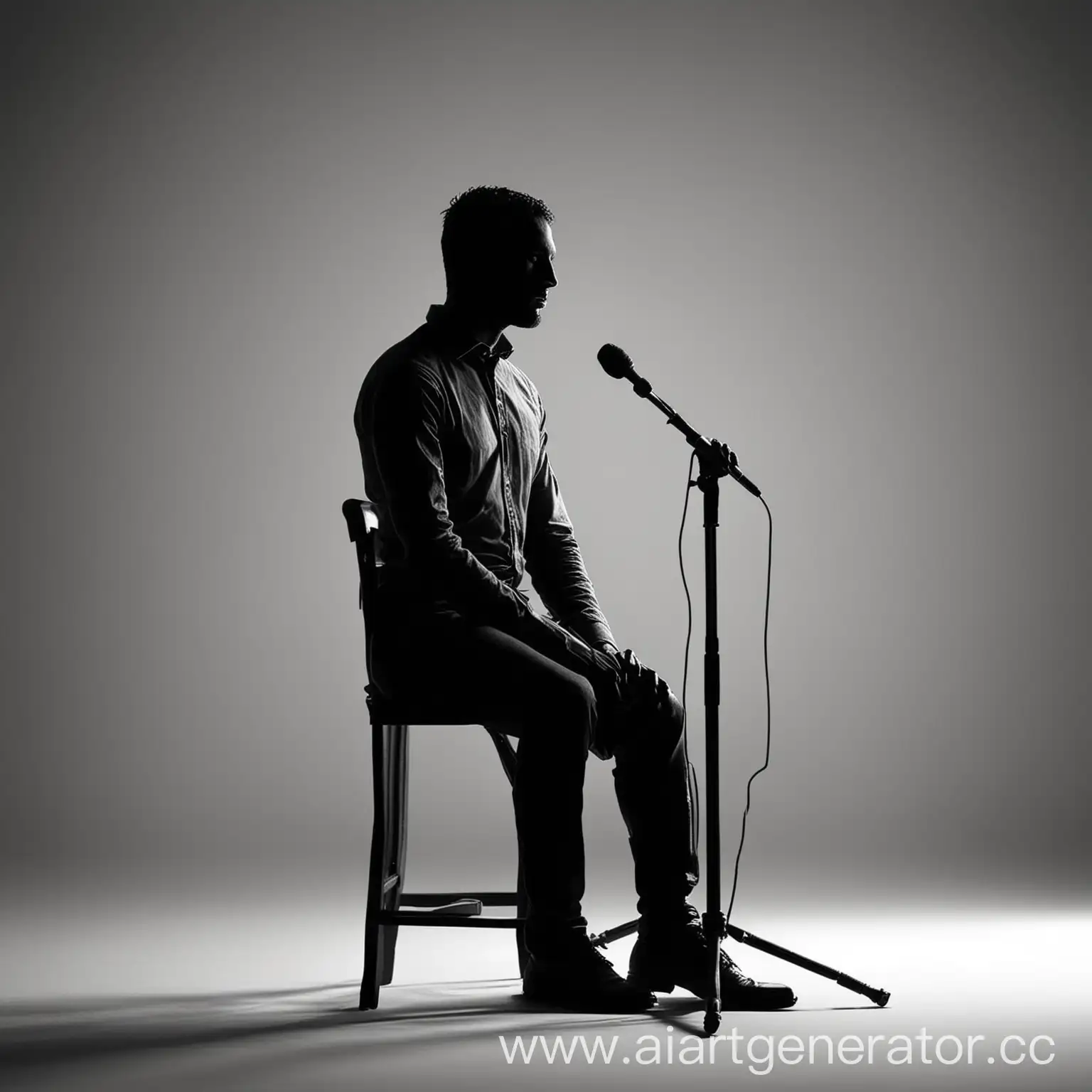  Black silhouette of a man. Model figure and straight posture. sitting and talking into a microphone