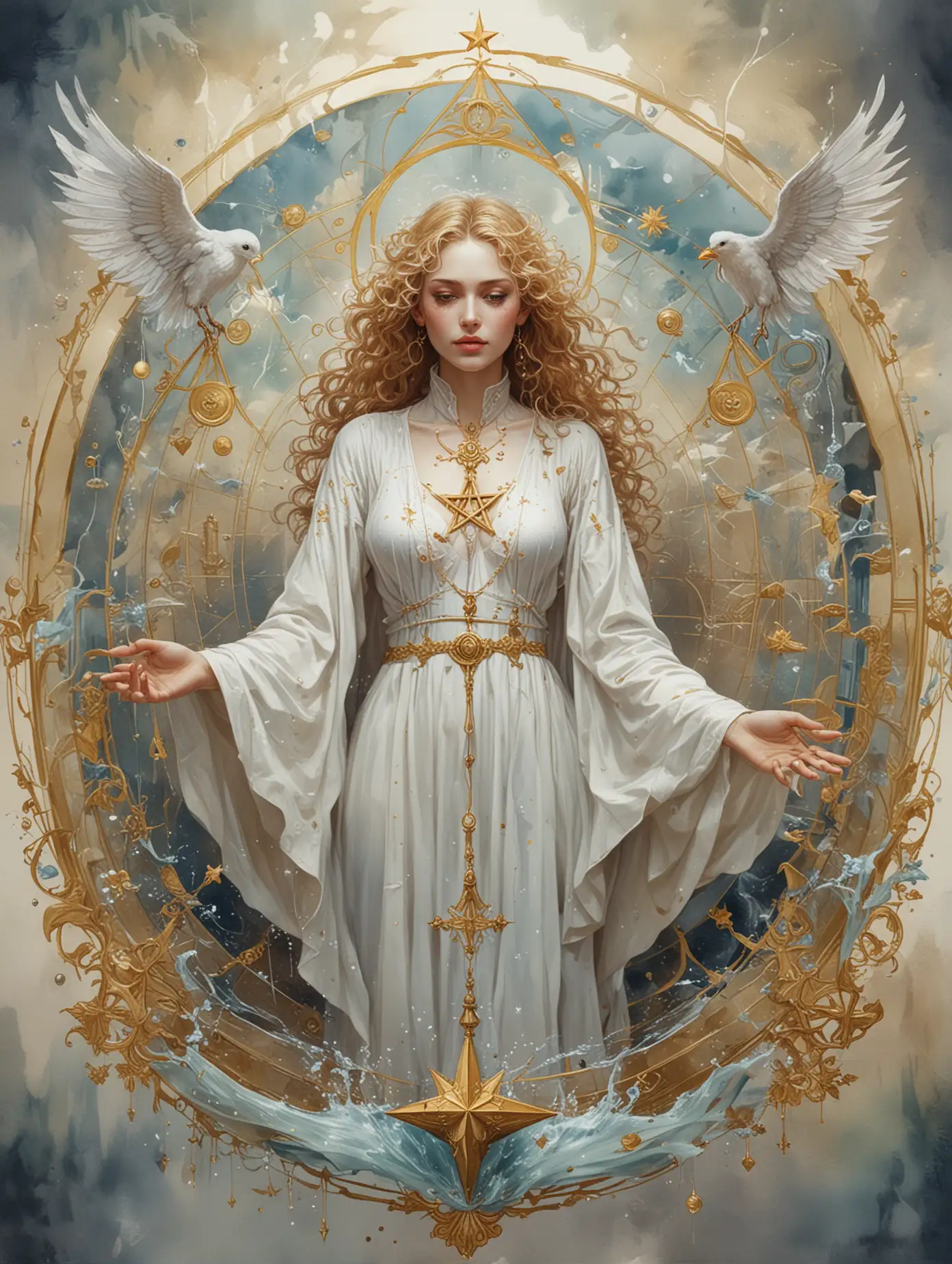 Futuristic-Tarot-Card-Temperance-Featuring-Russian-Woman-with-Angel-Wings-and-Gold-Pentagram