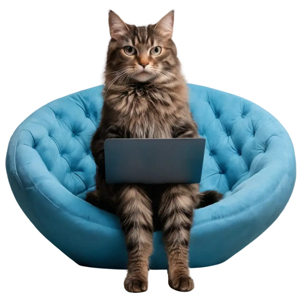 PNG-Image-of-a-Dressed-Cat-with-Laptop-on-Blue-Sofa-Unique-AIGenerated-Art