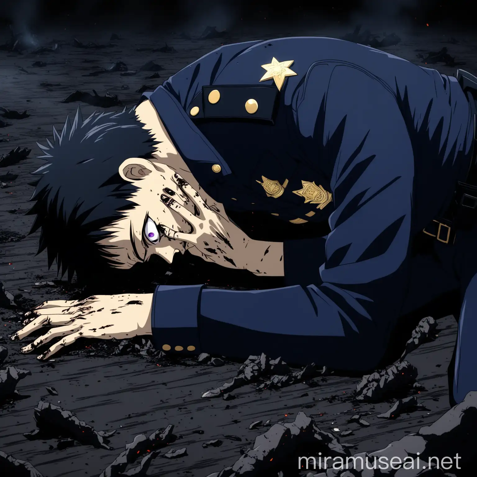 Anime Character Struggling Amidst Ashes in a Dark Cinematic Scene