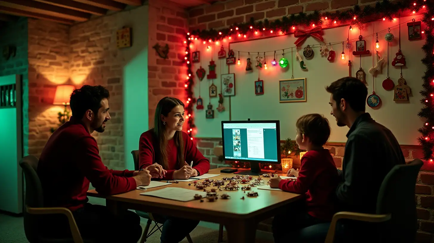 Family Planning Christmas Surprises in a Festively Decorated Basement