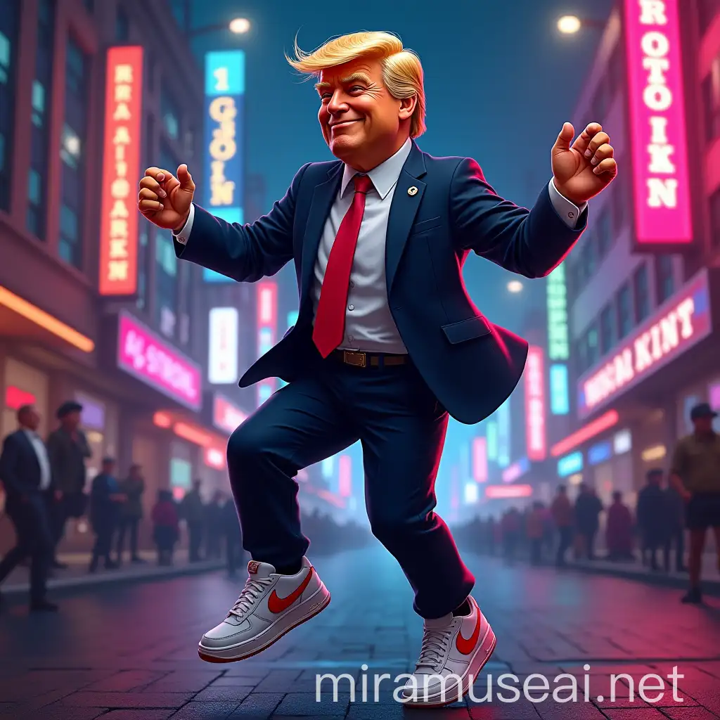 Cheerful Donald Trump Dancing with Bitcoin in a Neon City