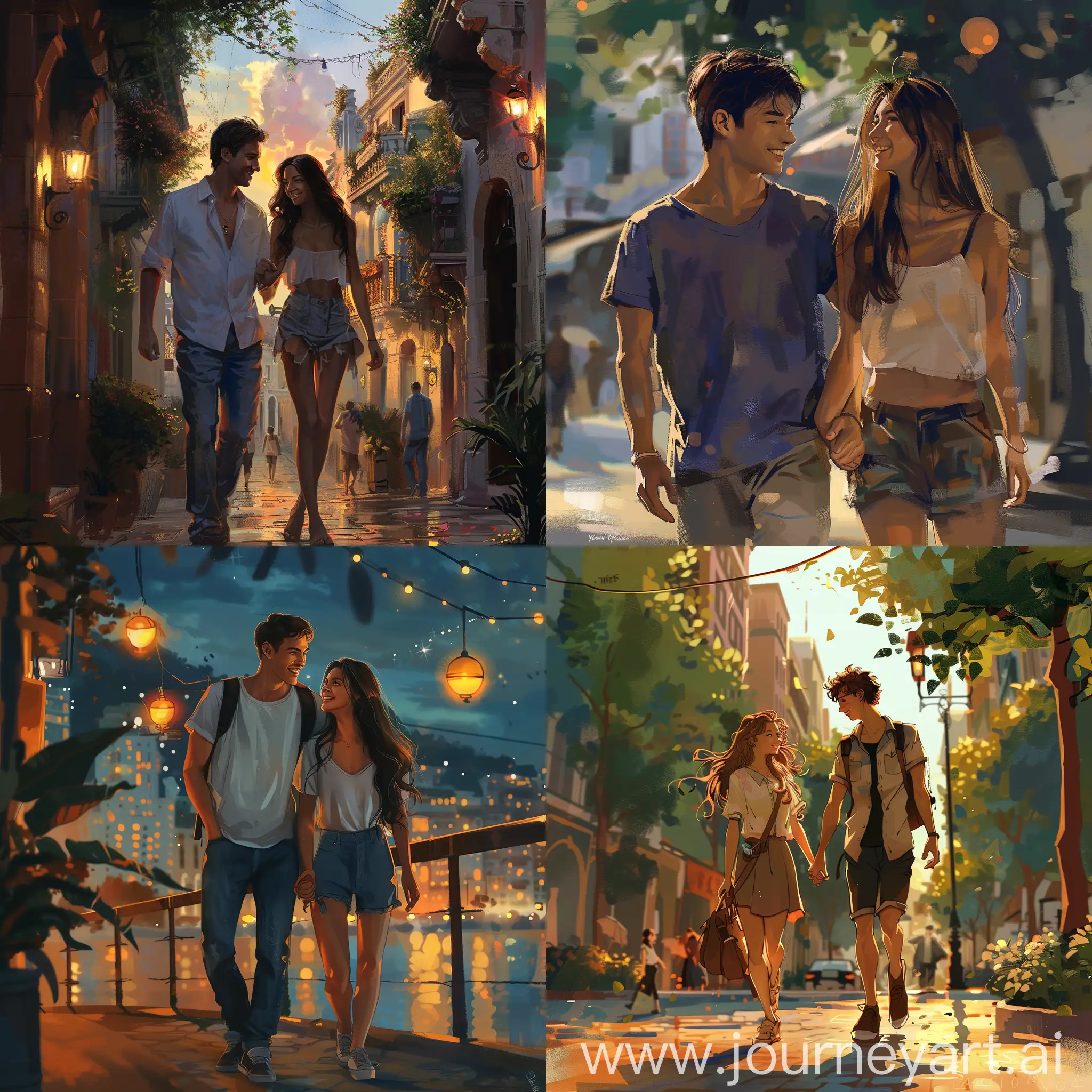 Couple-Walking-Together-in-a-Summer-City-Evening