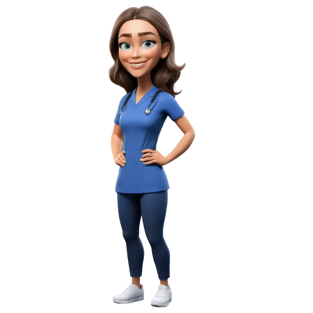 Medical-Academy-Woman-Caricature-PNG-Navy-Blue-Scrubs-Stethoscope-and-Green-Eyes