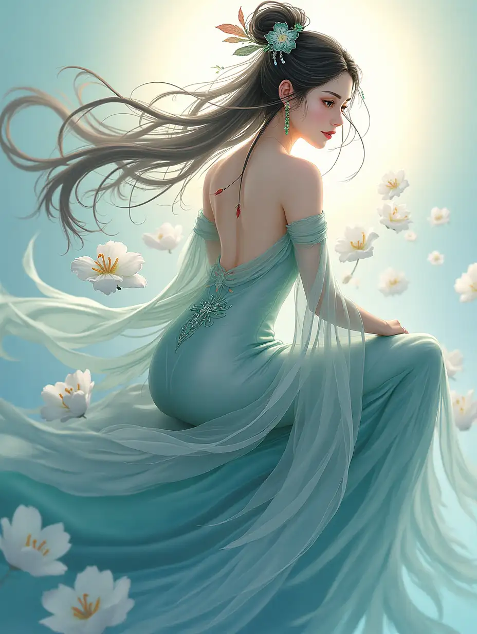 there is a woman that is sitting on a flower, queen of the sea mu yanling, concept art | feng zhu, asian female water elemental, heise-lian yan fang, portrait of mermaid queen, by Lu Zhi, by Xu Wei, full - body artwork, style of feng zhu, by Zhang Sengyao, by Yun-Fei Ji,