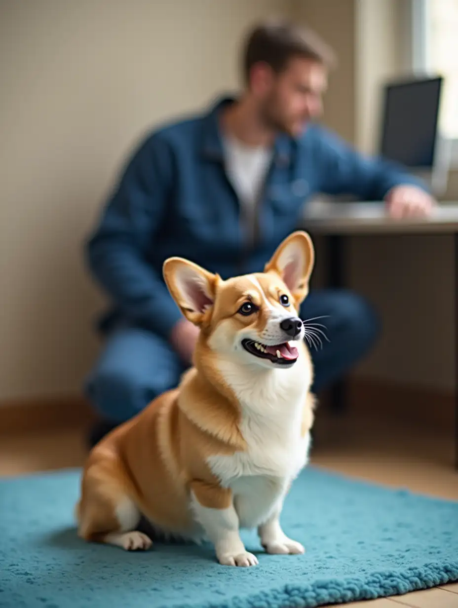 a corgi dog sits on a blue rug in the foreground, in the background there is a blurry master in a blue jumpsuit repairing a computer, beige interior