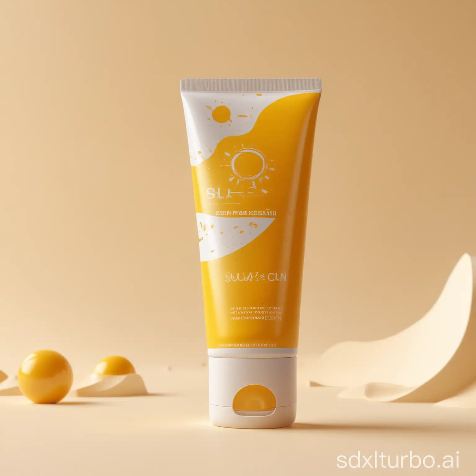 a tube of sunscreen cream, white background, abstract yellow shapes in the background, minimalist design, golden sun symbol on the tube, yellow and gold colors, motion design, product view