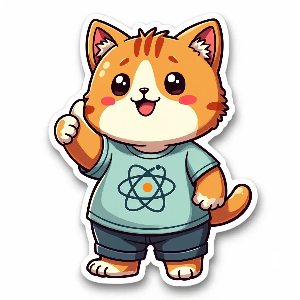 A curvilinearly cut sticker depicting a kawaii positive fluffy little cat in office clothes with an atom symbol on t-shirt. with the atom symbol on the T-shirt. The cat gives a thumbs up towards the person looking at the center of the image. vibrant and dynamic die cut sticker design top-view, high resolution, vector art, white background, paint in anime style