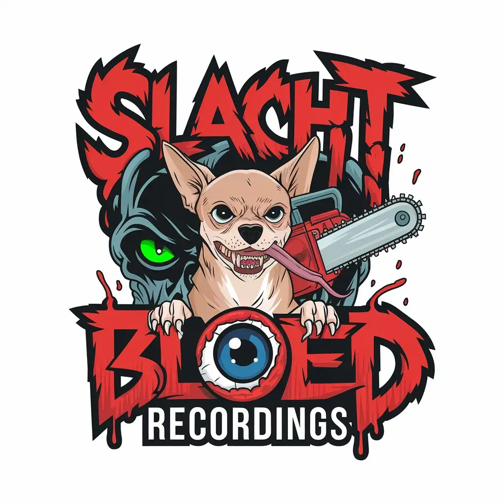 LOGO Design for Slacht Bloed Recordings Aggressive Chihuahua Chainsaw Skulls and Cyber Eye Theme