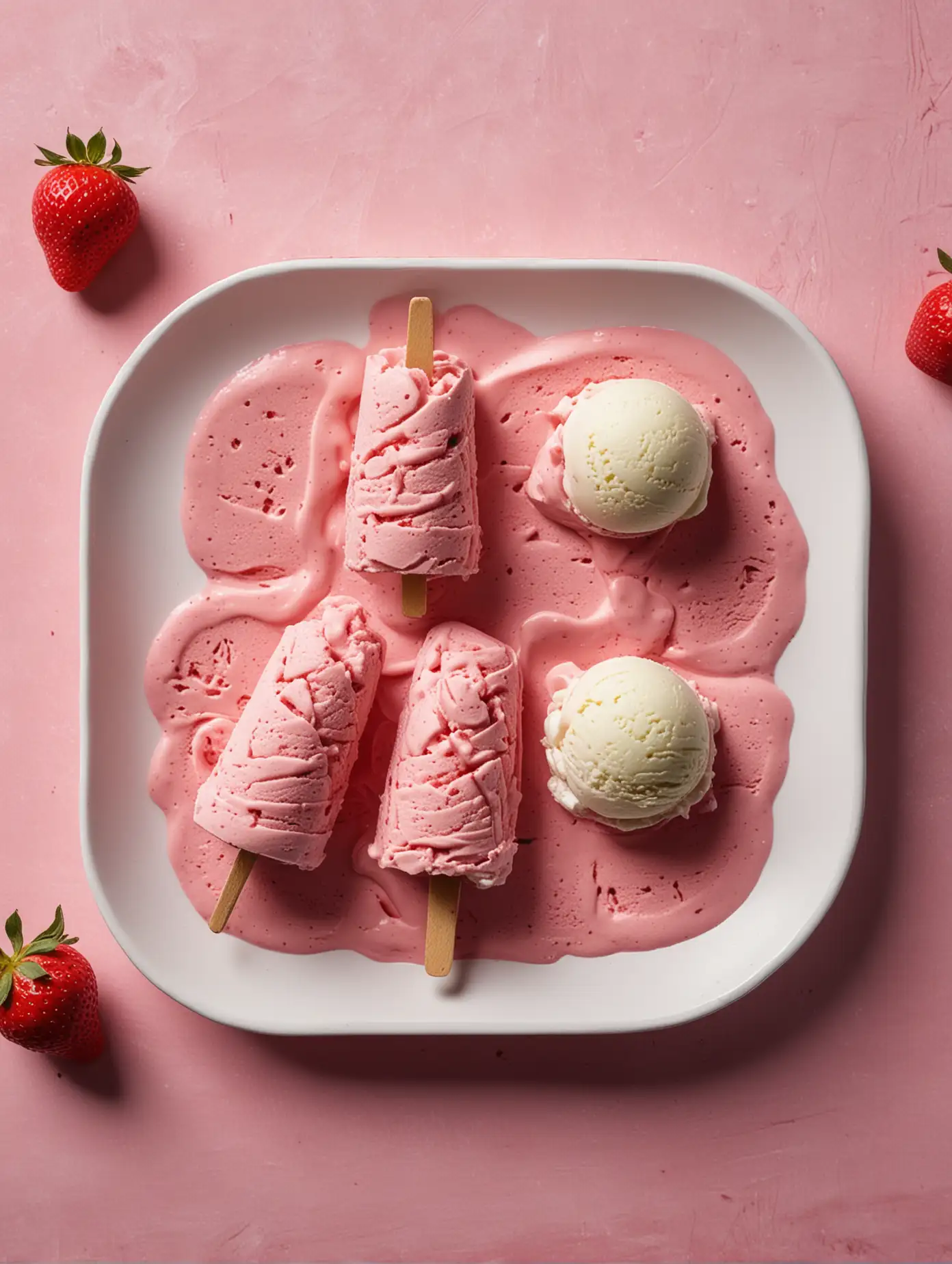 A minimalist, top-down view of a strawberry-flavored ice cream bar sliced into even segments, arranged neatly on a white plate. The ice cream is a vibrant pink color, with a smooth texture. On the plate next to the ice cream bar are two fresh strawberry halves, adding a touch of natural red and green to the composition. The background is a light gray, textured surface, creating a simple and clean contrast with the white plate and pink ice cream.