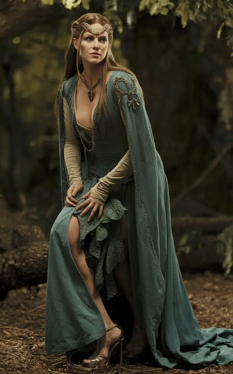  "lord of the rings"  film style. Armed Charlize Theron as Galadriel, deep neckline and high heels.  cinematic, photo , cinematic, 4k