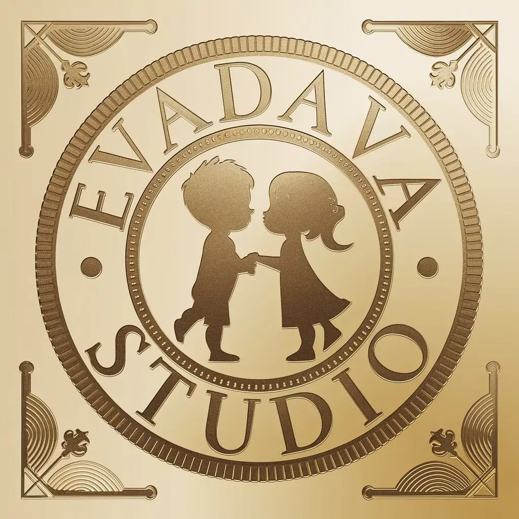 LOGO Design for EvaDava Studio Antique Gold Coin Seal with Children Silhouettes