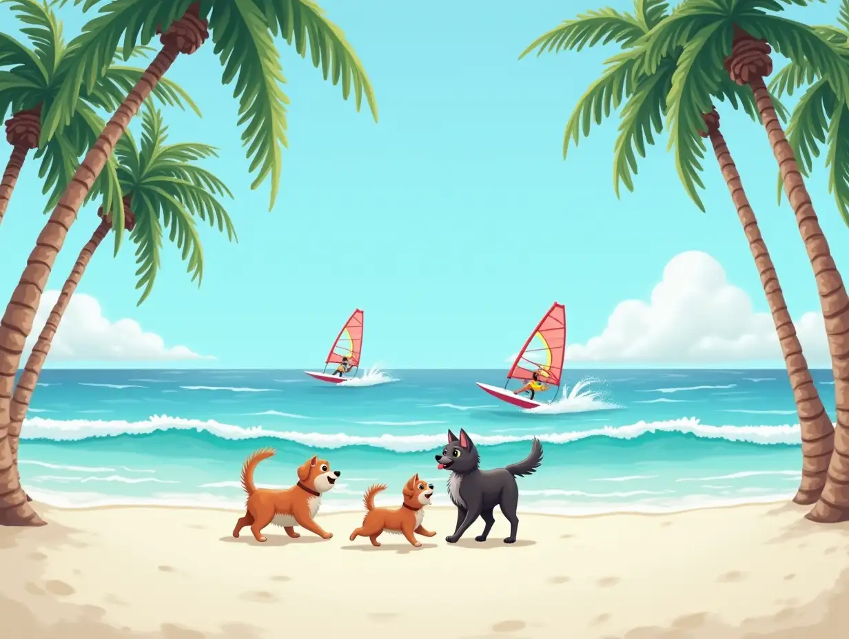 a cat playing with two dogs on a white sand beach. 5 palm trees, in the background on the sea there are 2 windsurfers, one surfing a wave, the other jumping another wave. photorealistic.