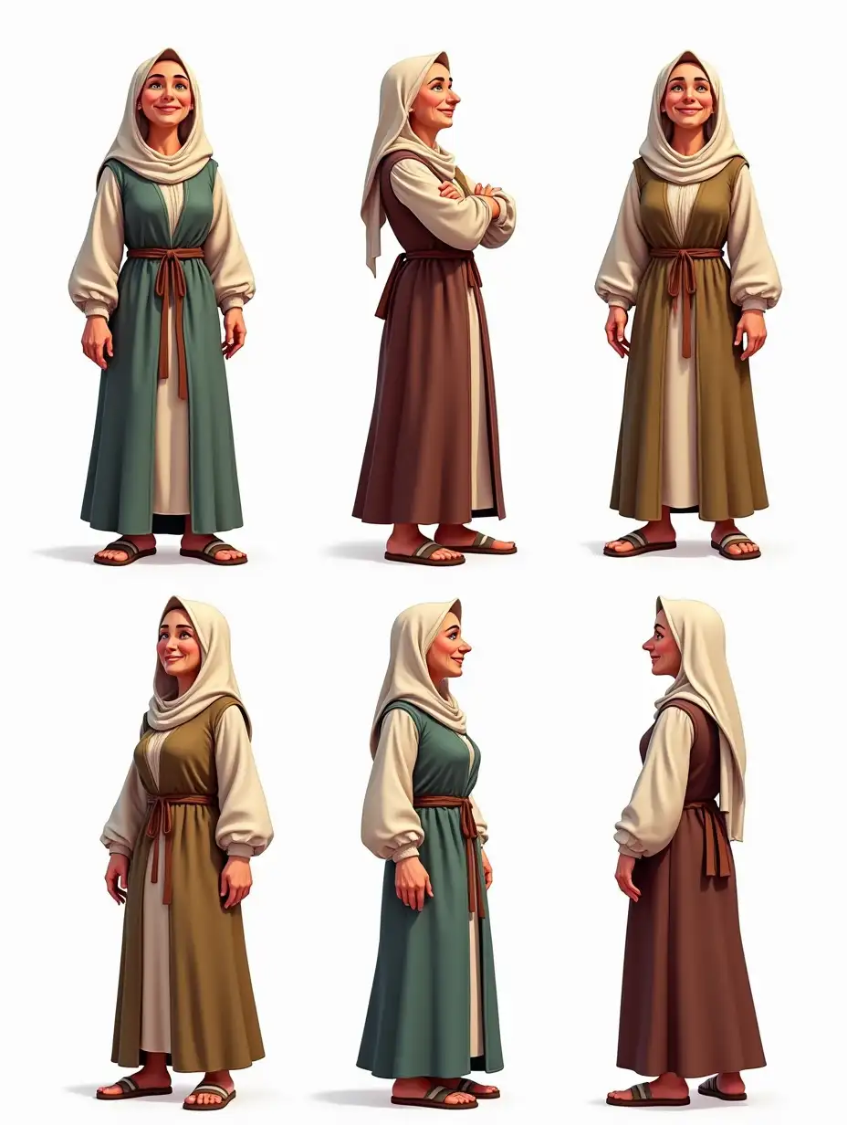 3D ISOLATED ON WHITE BACKGROUND, COLORFUL Comic style with BLACK OUTLINES, SHADED, CONSISTENTCY OF CLOTHING AND APPEARANCE, CHARACTER SHEETS OF ELDERLY SMILING MEDIEVAL PEASANT WOMAN, FULL LONG DRESS, FRONT, SIDE, BACK, 3/4 VIEWS, Ultra HD graphic NOVEL illustration, highly detailed