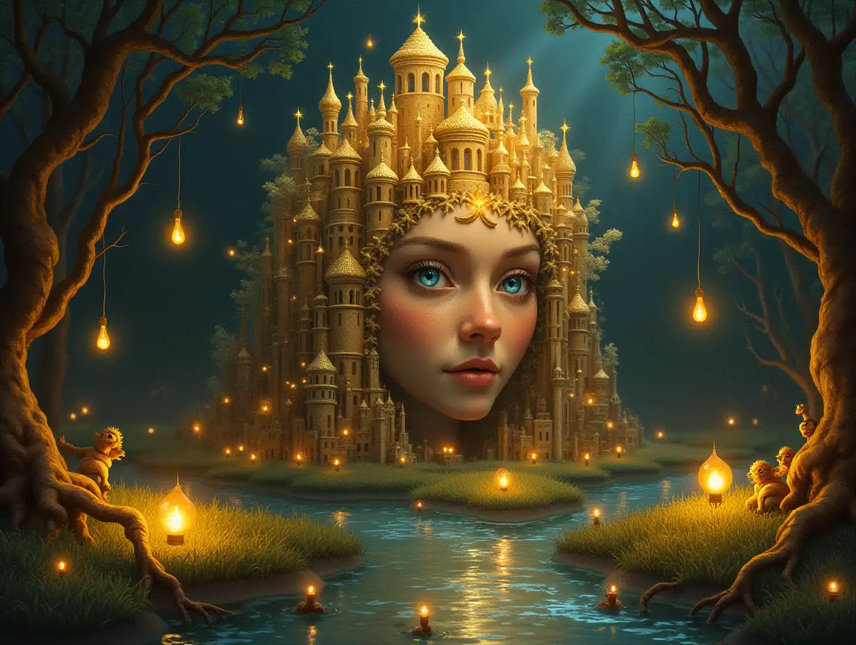 Creating a digital painting of a face with leuctkugel hair, that transforms into a building with gold stones and illuminated trees with golden roots and a river with floating light bulbs and lanterns and strange fairy creatures on a meadow