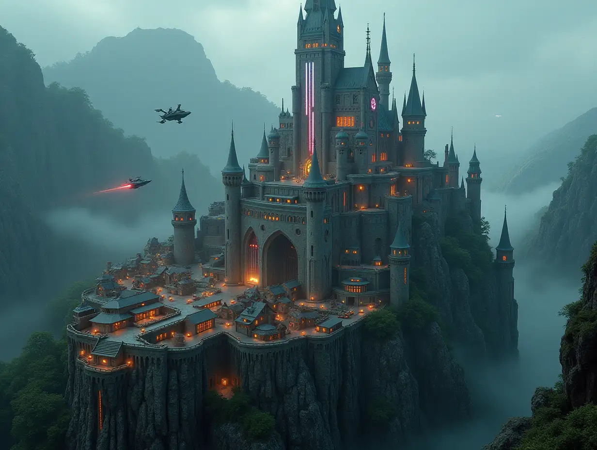 A futuristic castle with sleek glass walls and bright neon lights towers over the medieval city that spreads dreamily below. The castle is surrounded by hovering platforms and flying cars, creating a high-tech atmosphere. While the medieval town, with its stone houses, narrow streets and tall towers, retains its traditional charm as if frozen in time. The surrounding terrain, impenetrable and mysterious, consists of deep forests, stone cliffs and rushing rivers, creating a sense of an isolated world. The shot is taken from a bird's eye view, showing the contrast between old and new, with vibrant colors and detailed textures.