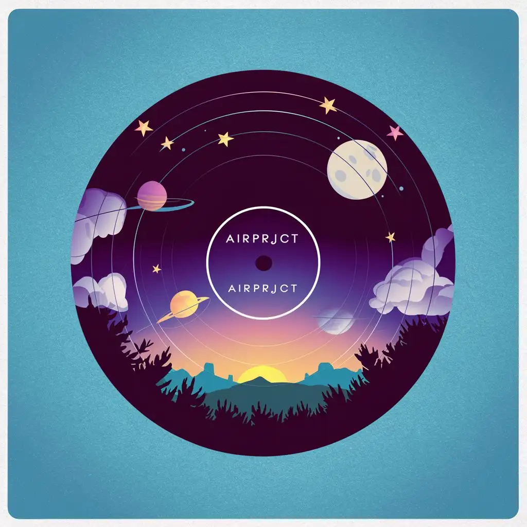 LOGO Design For AIrPRJCT Vinyl Record Night Sky with Moon Stars Planets and Cosmic Clouds Theme