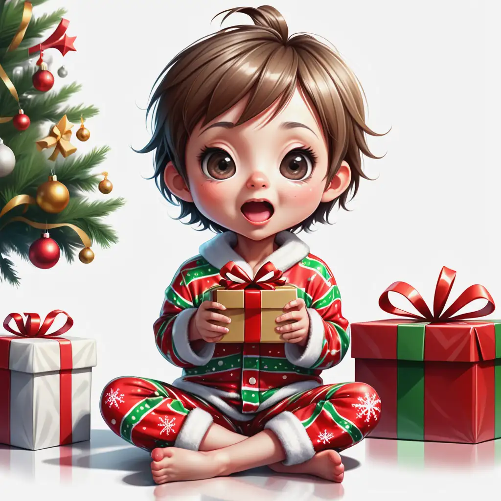 Chibi Child in Christmas Pajamas with Present