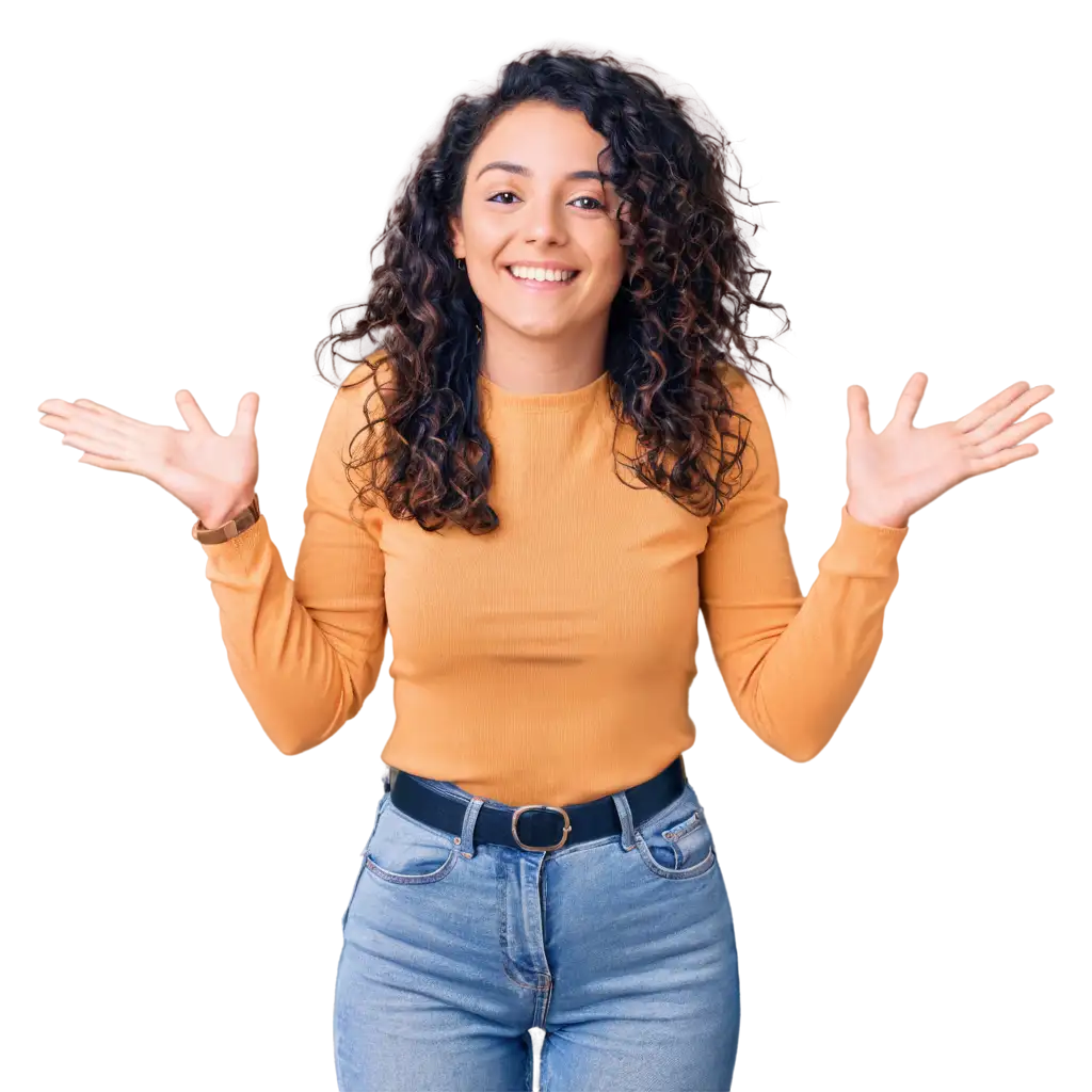 Young-Woman-with-Curly-Hair-Celebrating-in-Yellow-TShirt-PNG-Image-for-Versatile-Use