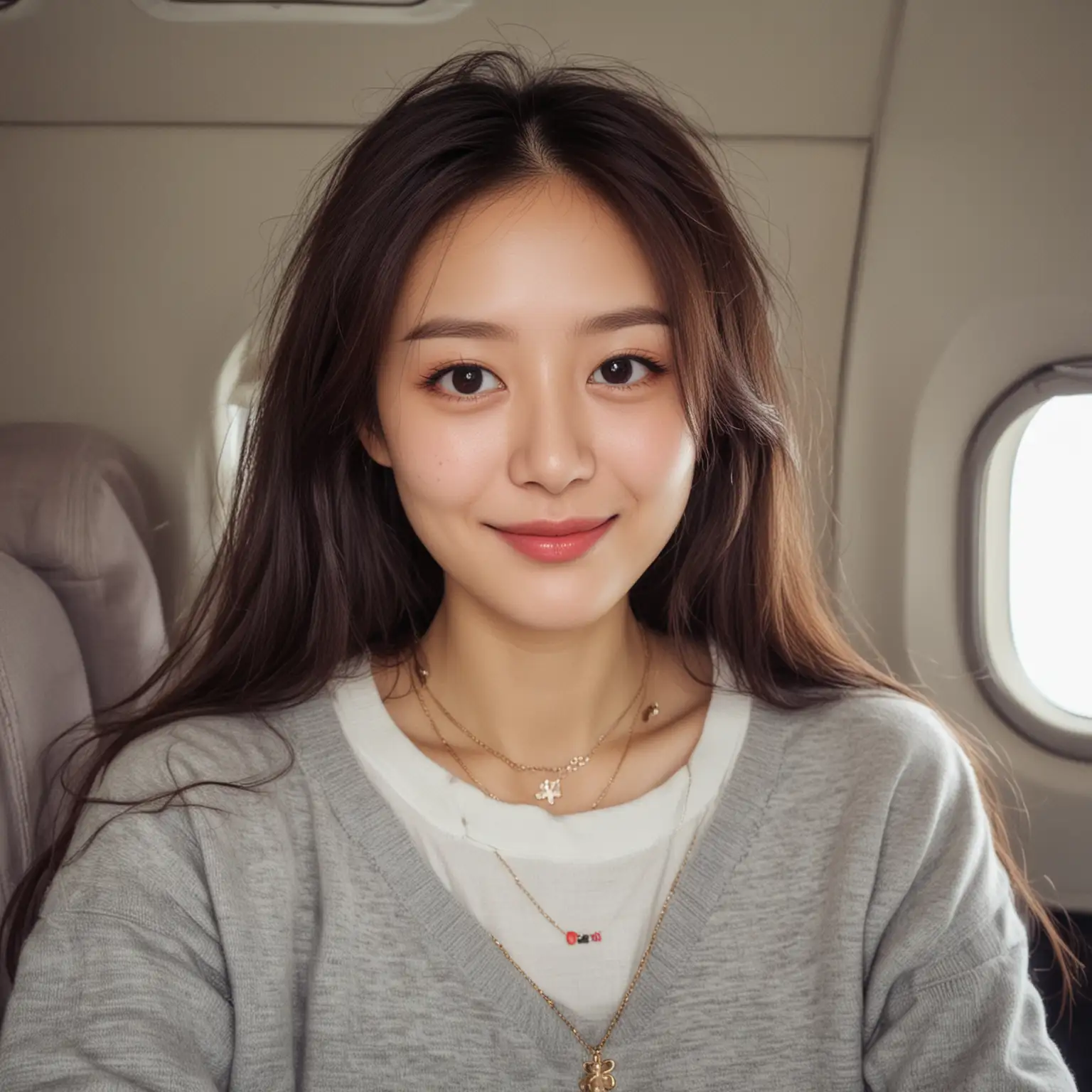 Double eyelids, long hair, lipstick, big eyes, clover necklace, long eyelashes, gray sweater, white T-shirt, smile, Hong Kong person, fair skin, clean face, dimple, intelligent, kind, beautiful, rich, 28 year old female, sitting in the co-pilot, reclining