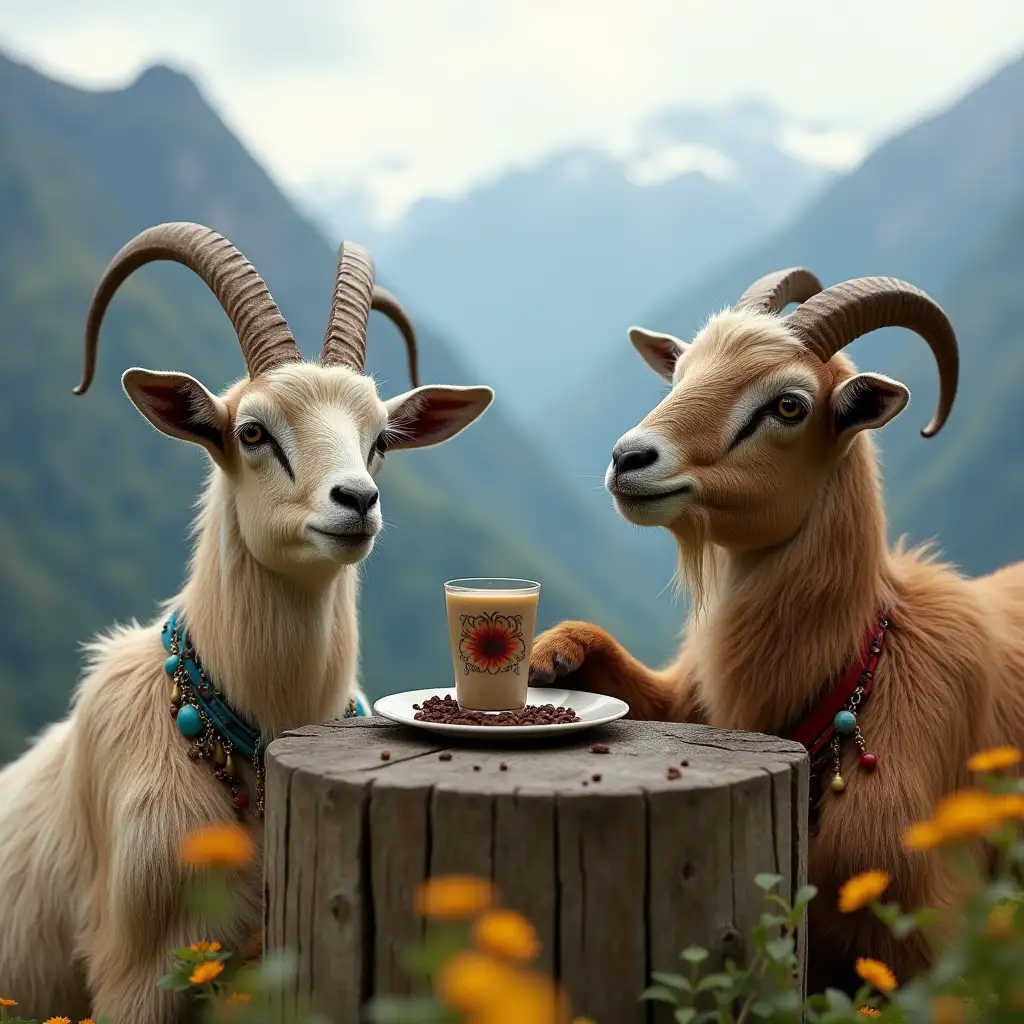 photo of funky goats looking high drinking coffee in the mountains