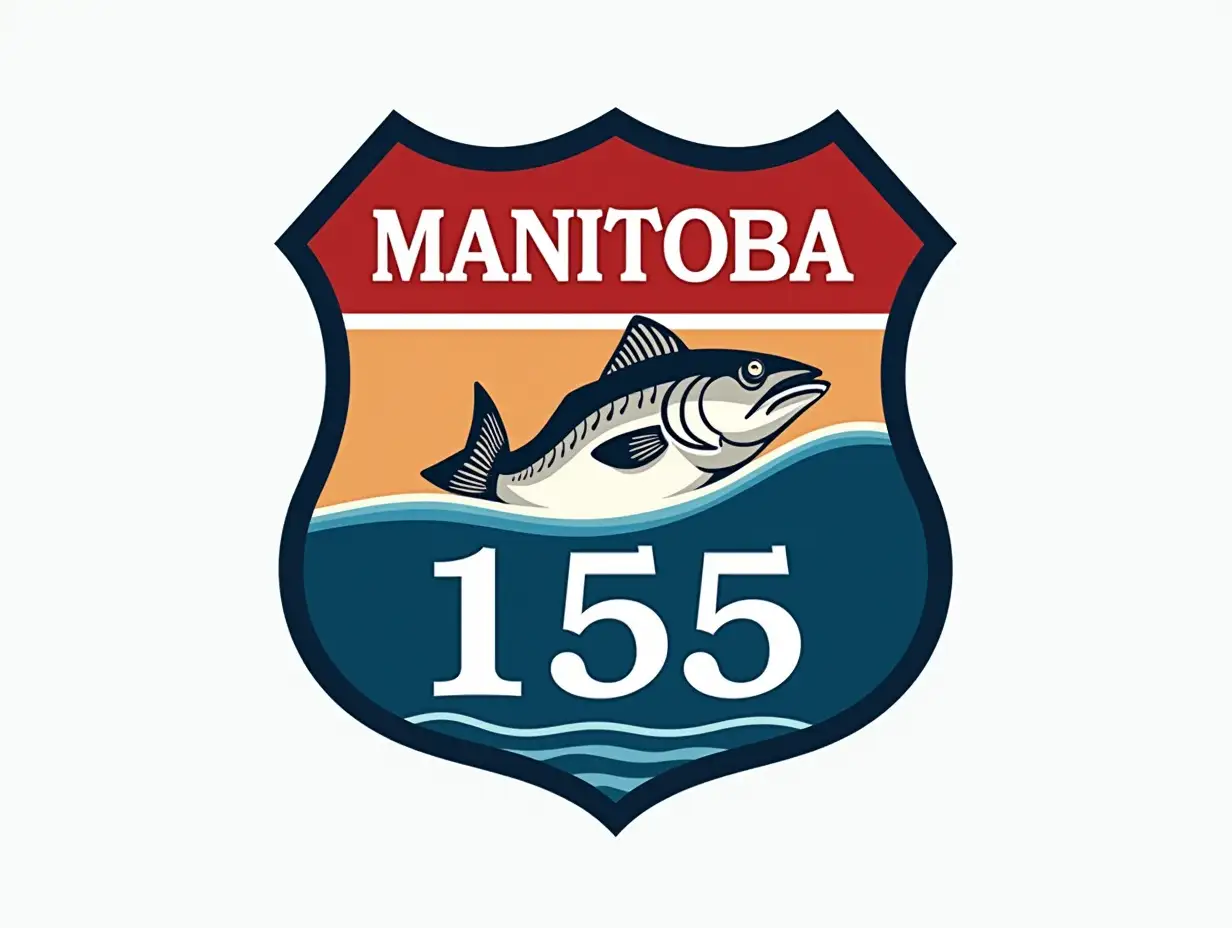 Create a logo using the number 155 and the word Manitoba that might look like a highway sign that symbolizes a fisherman’s journey to fish for 155 consecutive days towards better health and to raise money for 3 charities