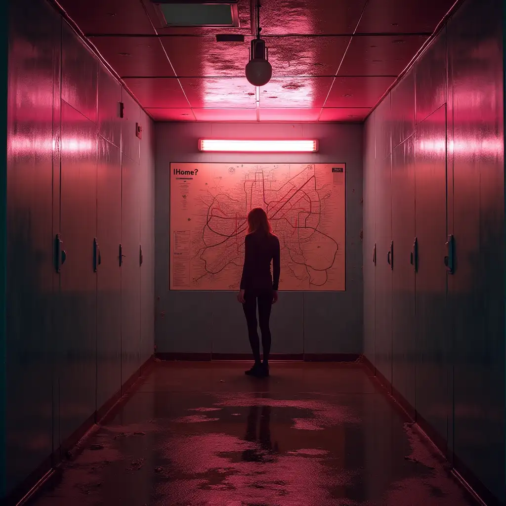 A dimly lit, sterile room with damp plastic walls, water pouring down , illuminated by soft pink, and orange neon lights. In the center of the room, a dark silhouette of a woman stands alone, facing the wall with a huge ornate subway map spreading across the wall above it a sign has the word 'Home?' looking at the map as if deep in thought, with shadows stretching across the floor. The atmosphere is melancholic yet vibrant, with the contrasting colors merging into a moody, cinematic scene. Dust lingers in the air, catching the soft glow of the neon lights, creating a dreamlike and introspective feel.