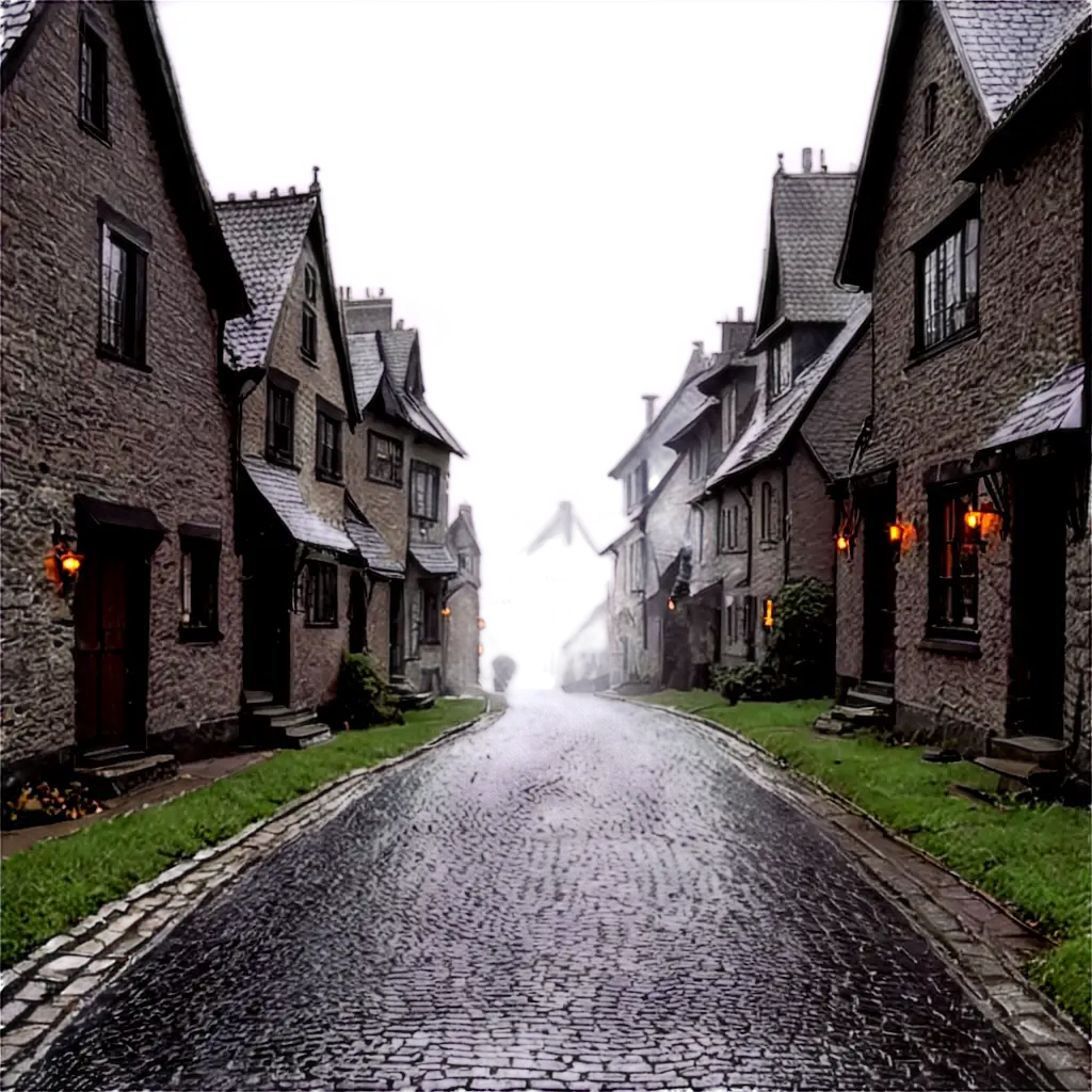 Dark-and-Spooky-Cobblestone-Road-PNG-Image-with-Rain-and-Houses