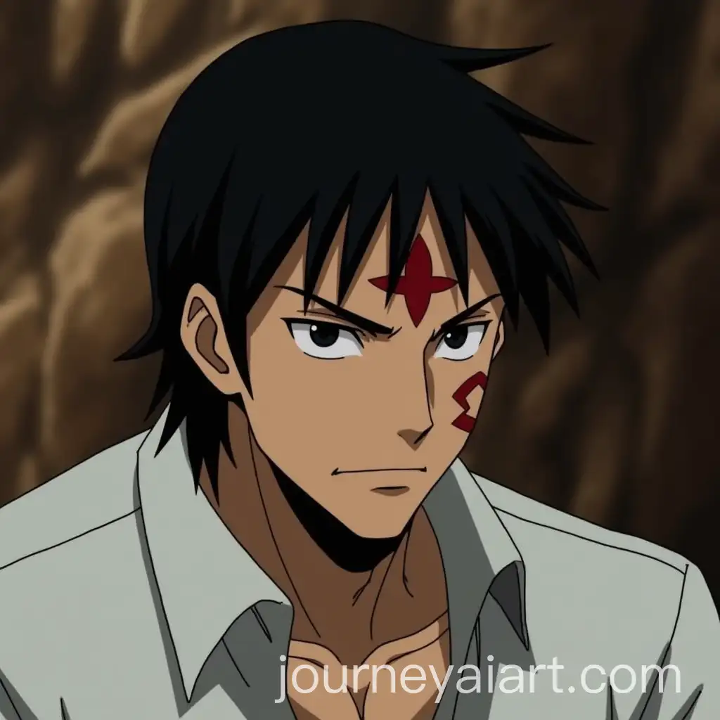 Male-Character-with-Intense-Gaze-and-Forehead-Symbol-Against-Rocky-Backdrop