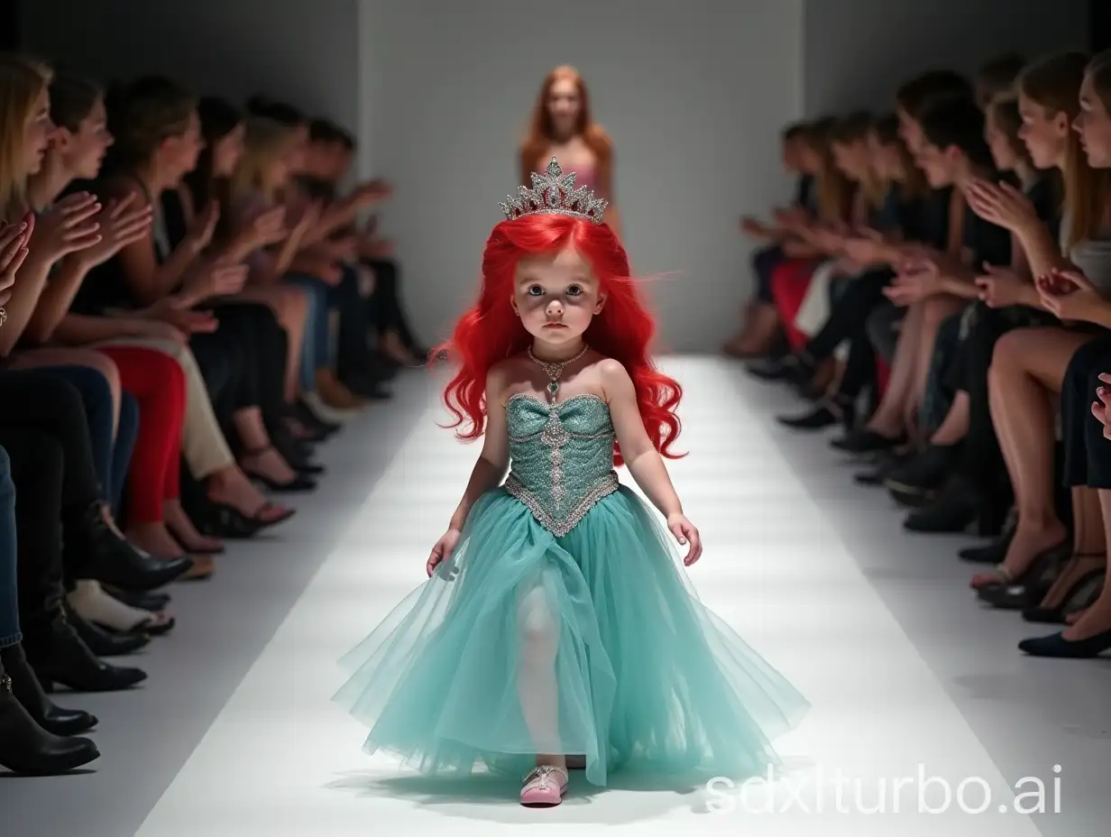 In Paris Collection, a baby modeled after princess ariel walks the runway, a baby👶 top model, walking, (full-body image), (audience on both sides), the runway of Paris Collection, the runway of Paris Collection, (eccentric fashion), outrageous fashion, flashy fashion, Paris Collection