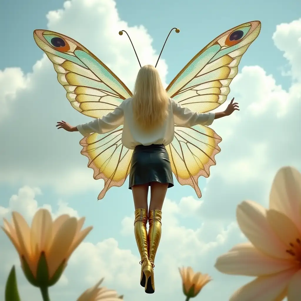 A photo of a blonde fairy with long antennae shaped like a pair of peacock feathers flying in the sky among the clouds. She has two gigantic, long, shiny iridescent sparkling, transparent, peacock patterned butterfly wings. The fairy is wearing a white blouse, shiny black leather miniskirt, and golden elegant latex stiletto thigh high boots with ankle butterfly wings. The background is a cloudy sky and gigantic flowers.