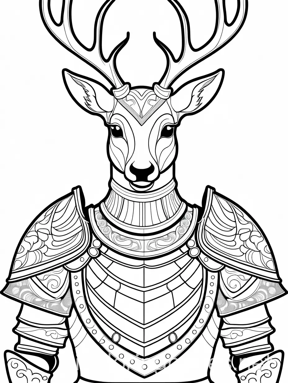 deer in armor , Coloring Page, black and white, line art, white background, Simplicity, Ample White Space. The background of the coloring page is plain white to make it easy for young children to color within the lines. The outlines of all the subjects are easy to distinguish, making it simple for kids to color without too much difficulty