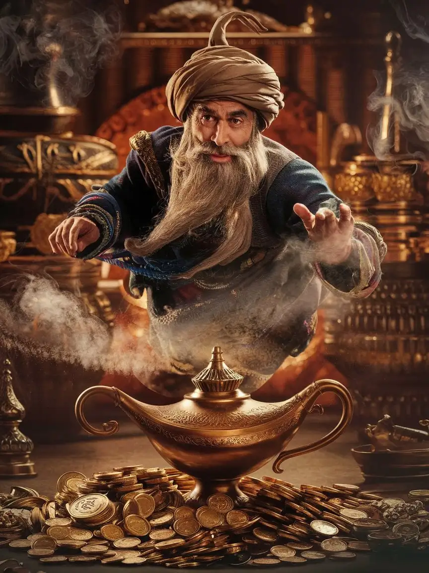 Old-Genie-Emerging-from-Lamp-with-Treasure-Background