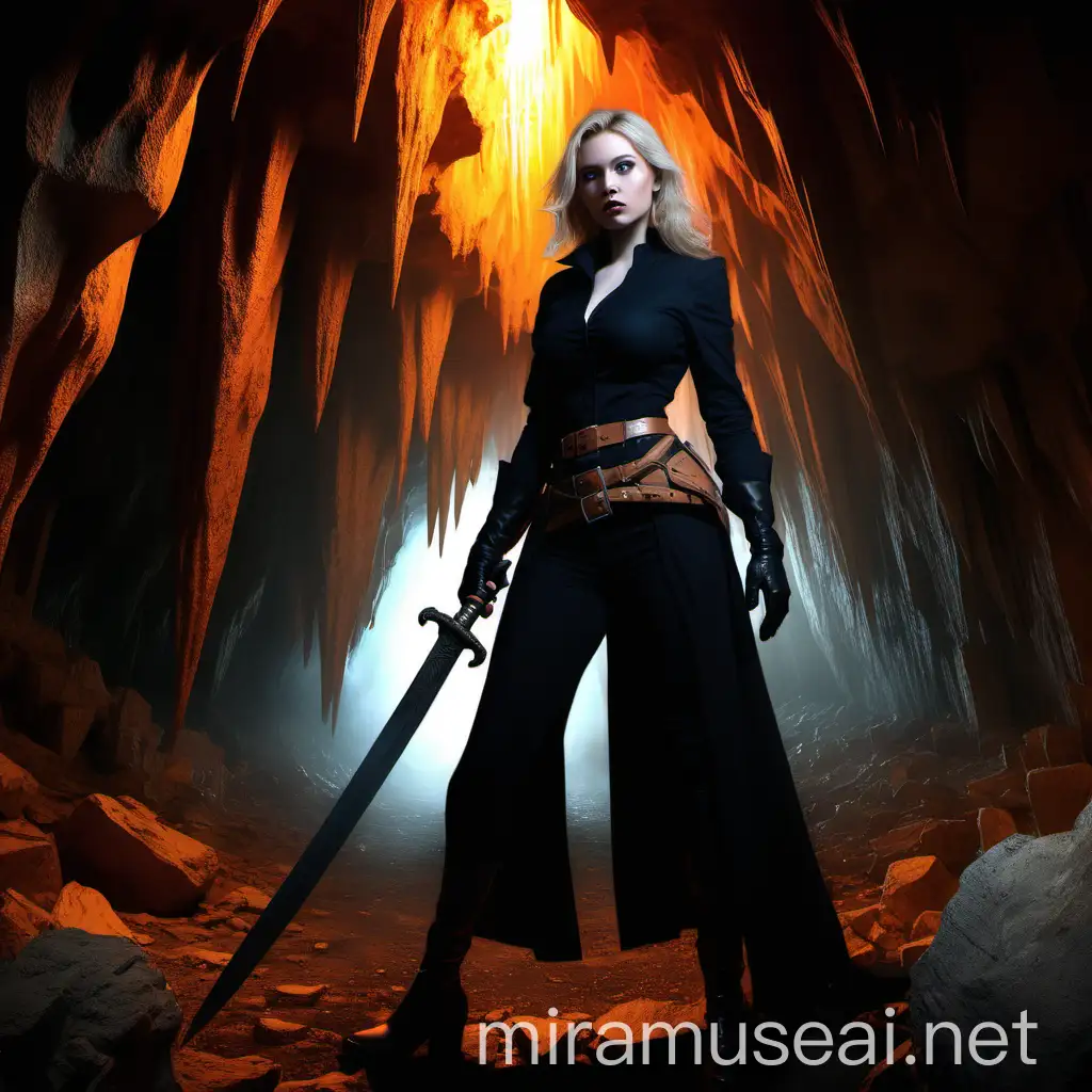 Young Brutal Woman Witch Hunter in Underground Stone Town