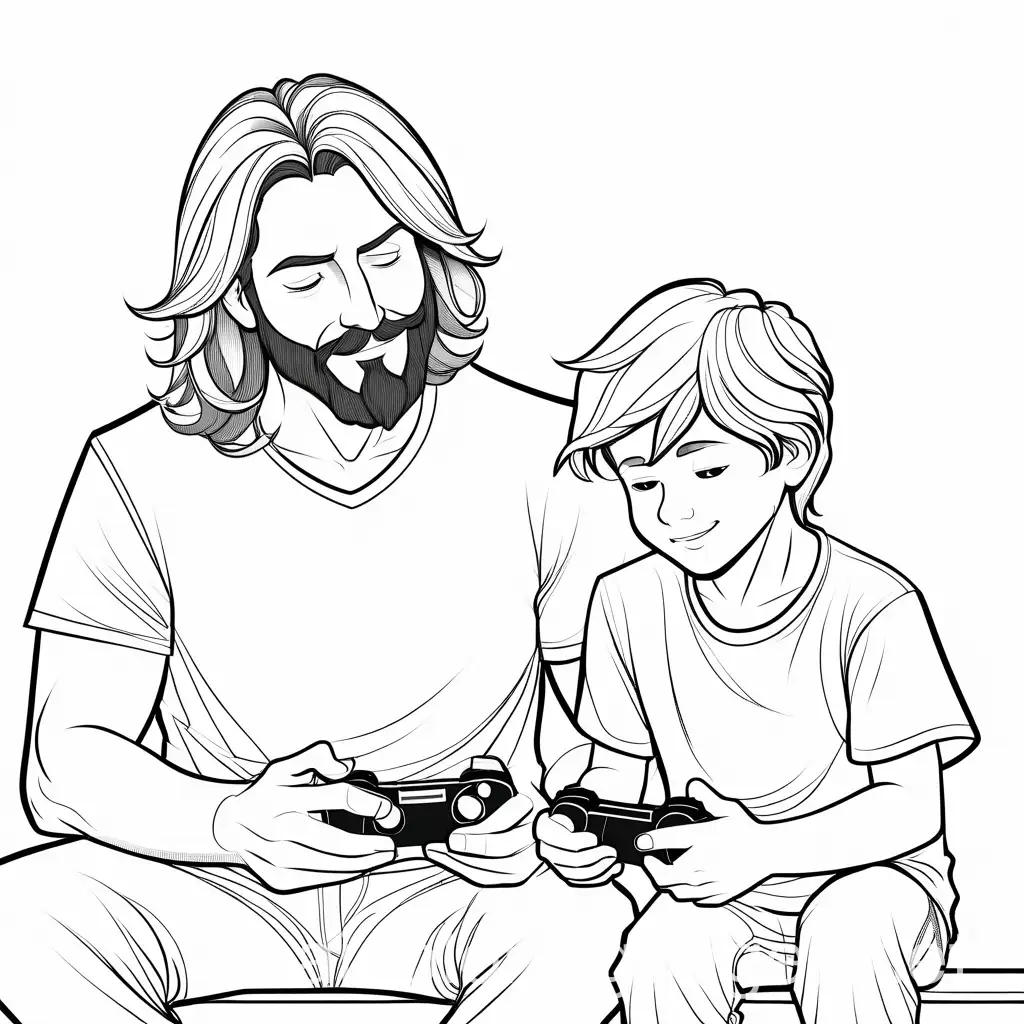 Father with long hair and a short beard age 33, son with shoulder length hair and a side fringe age 6, sit together and play videogames, Coloring Page, black and white, line art, white background, Simplicity, Ample White Space.