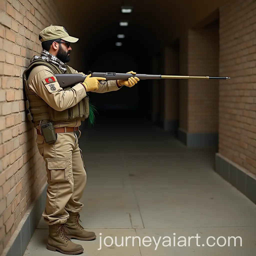 Military-Arab-Man-in-Tactical-Gear-Using-Blowpipe-in-Underground-Bunker
