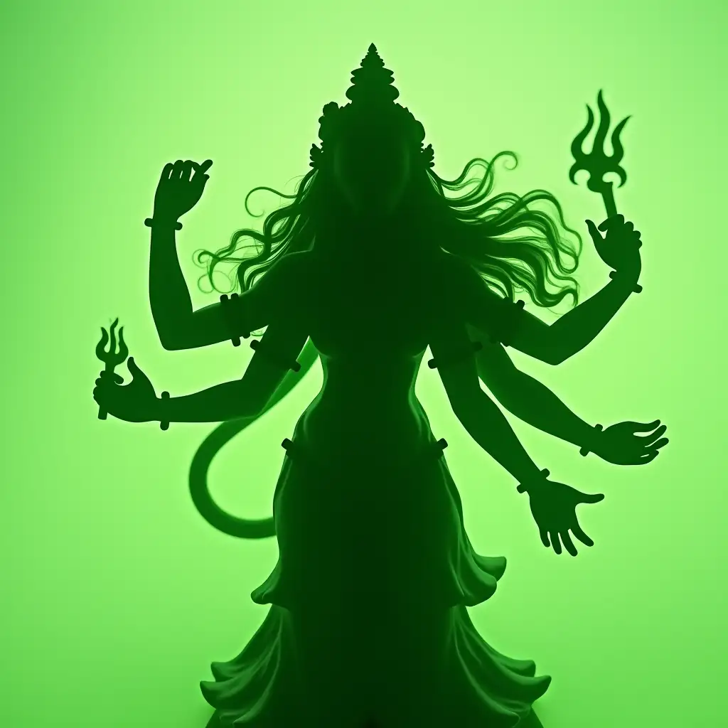 green silhouette of kali goddess.