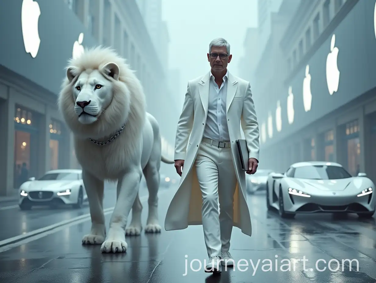 Tim-Cook-Walking-with-Anthropomorphic-White-Lion-in-Futuristic-City-Street