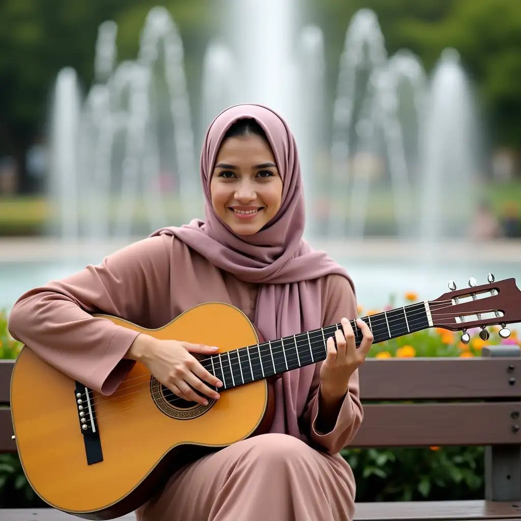 A beautiful Brazilian woman with a hijab sits on a park bench with her guitar and smiles thinly at the camera. Background: Fountain and colorful flowers