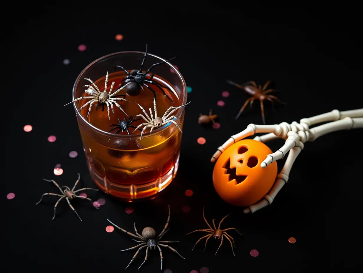 Halloween concept. Top view photo of drink in glasses with floating spiders skeleton hand holding pumpkin insects centipedes cockroach and confetti on isolated black background with blank space