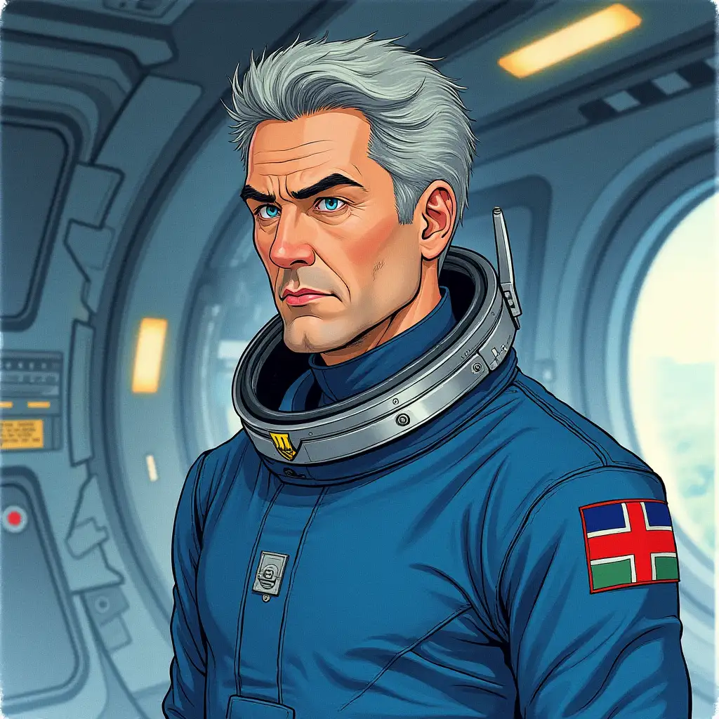 Actor Nikolay Kryukov Nicholas/Andrei Andreyevich Fait. Gray-eyed, short-haired. Tall, high-growth, with a tough character, an anglophile to the bone. In [cosmic space suit and helmet/blue flight uniform], in the interiors of a spaceship. Style of the European comic by Mœbius, watercolor, clear contour from above, filling shadows with black ink, high resolution, high detail. Dimmed lighting