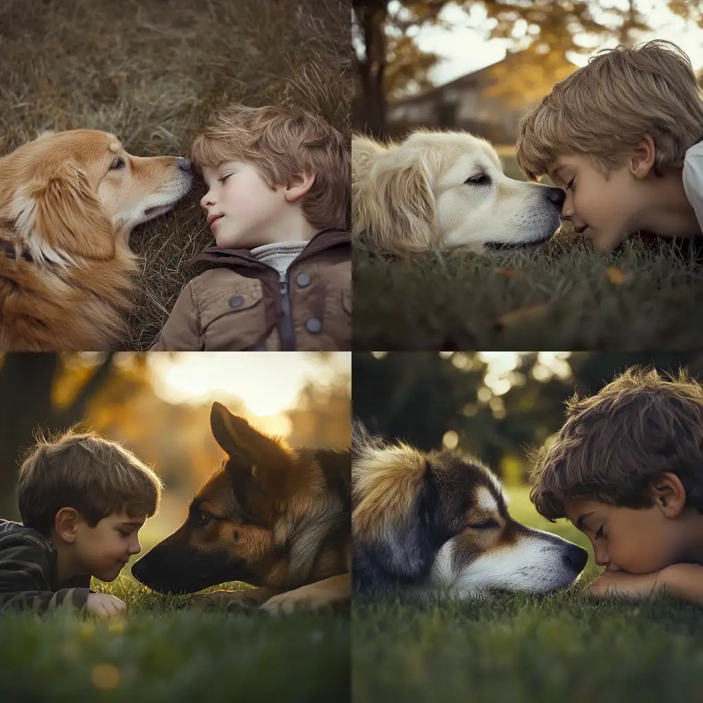 Young-Boy-and-Dog-Playfully-Laying-on-Grass-Together